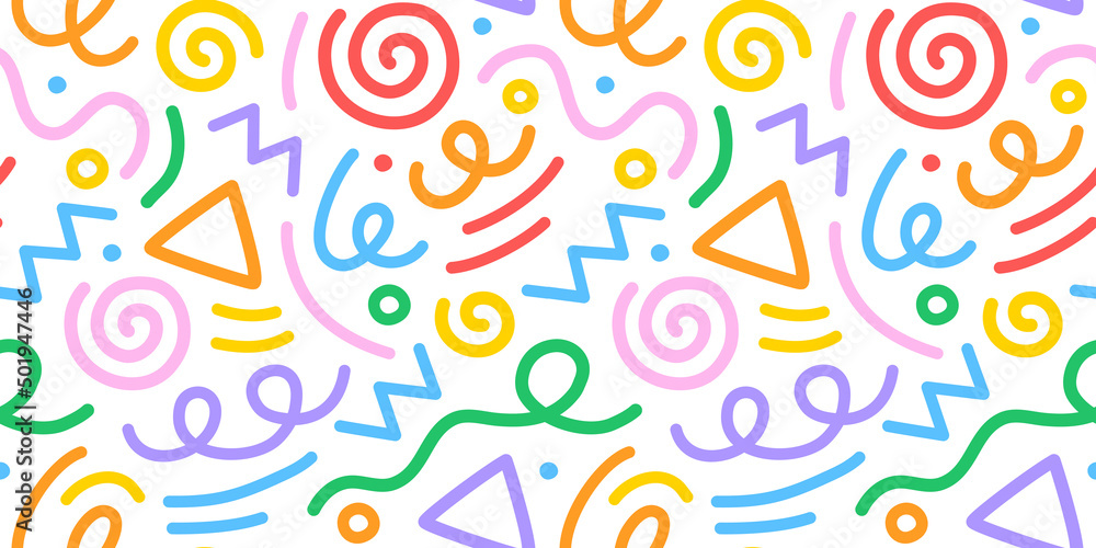 Fun colorful line doodle seamless pattern. Creative minimalist style art background for children or trendy design with basic shapes. Simple childish scribble backdrop.