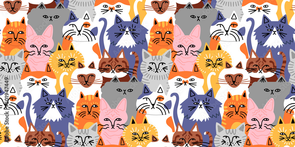 custom made wallpaper toronto digitalFunny cat animal crowd cartoon seamless pattern in flat illustration style. Cute kitten pet group background, diverse domestic cats breed wallpaper.