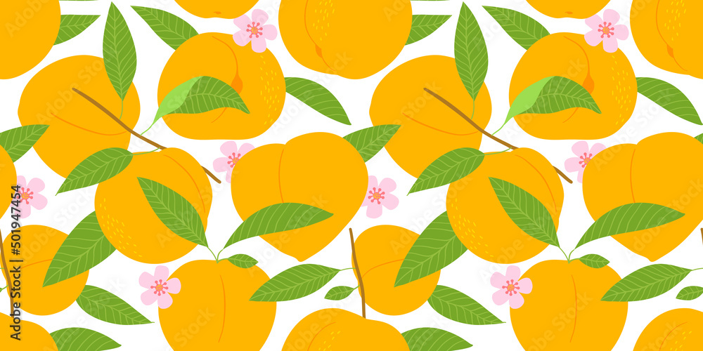 Peach fruit seamless pattern illustration in modern flat cartoon style. Natural tree branch background. Tropical food concept, organic juicy fruits backdrop. Peach fruit seamless pattern illustration in modern flat cartoon style. Natural tree branch background. Tropical food concept, organic juicy fruits backdrop.