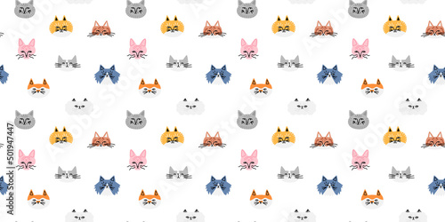 Funny cat animal cartoon seamless pattern in retro flat illustration style. Cute kitten pet background, diverse domestic cats breed wallpaper.