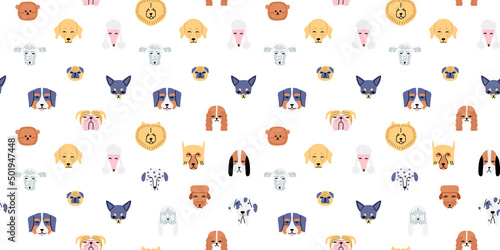 Funny dog animal face icon cartoon seamless pattern in retro flat illustration style. Cute puppy pet head background, diverse domestic dogs breed wallpaper.