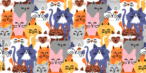 Funny cat animal crowd cartoon seamless pattern in flat illustration style. Cute kitten pet group background, diverse domestic cats breed wallpaper.