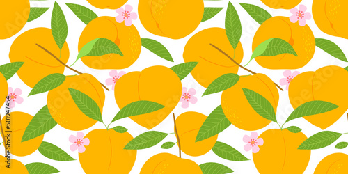 Peach fruit seamless pattern illustration in modern flat cartoon style. Natural tree branch background. Tropical food concept, organic juicy fruits backdrop.