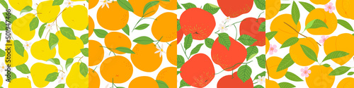Set of tropical summer fruit tree seamless pattern illustration. Realistic flat cartoon background collection includes pear, orange, apple and peach fruits design.