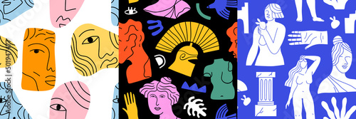 Set of ancient greek statue and classic vintage monument seamless pattern. Colorful greece culture background illustration collection. Historical flat cartoon drawing bundle.