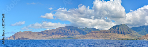Coastline and mountain along the west side of Oahu. 