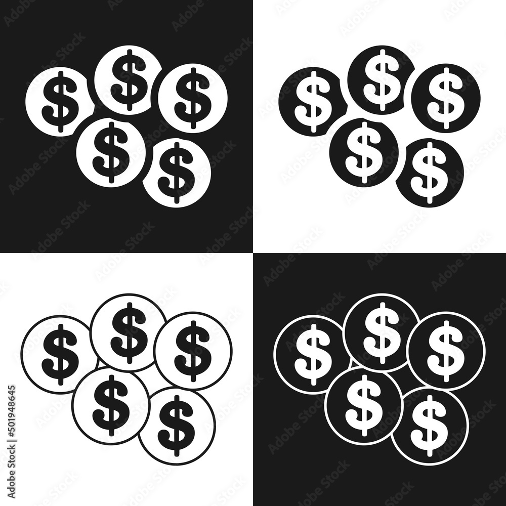 Four variants of minimalist coins with a dollar sign. Vector set of coins on a black or white background. Four variants of minimalist coins with a dollar sign. Vector set of coins on a black or white background.