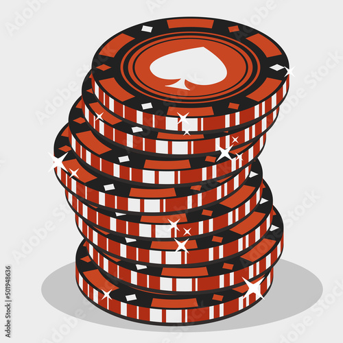 Red chips 3D stacked in a row. Vector red chips with spades. Casino chips stacked.