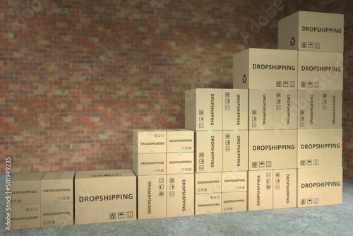 Cartons with DROPSHIPPING text compose a rising chart, business success related conceptual 3D rendering