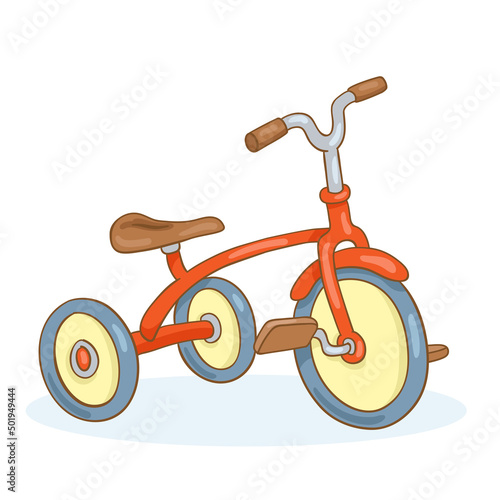 Red children's tricycle. In cartoon style. Isolated on white background. Vector illustration.