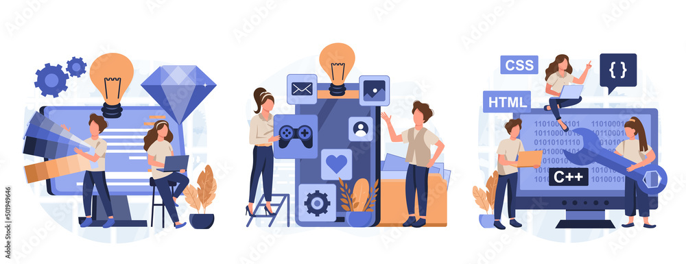 IT profession collection. Programmer write software and create code for computer. Coding script for project and app. Digital technology for website, interface and devices. Vector illustration. IT profession collection. Programmer write software and create code for computer. Coding script for project and app. Digital technology for website, interface and devices. Vector illustration.