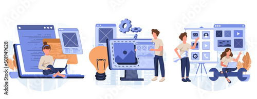 IT profession collection. Programmer write software and create code for computer. Coding script for project and app. Digital technology for website, interface and devices. Vector illustration.