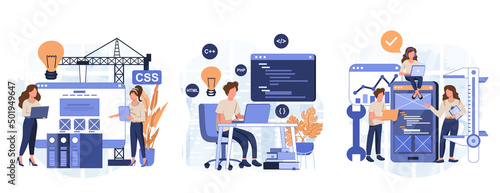 IT profession collection. Programmer write software and create code for computer. Coding script for project and app. Digital technology for website, interface and devices. Vector illustration.