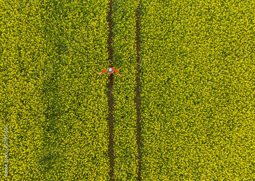 People in the Canola Flowers Drone Photo, Silivri Istanbul Turkey photo