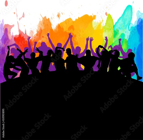 Detailed illustration silhouettes of expressive dance colorful group of people dancing. Jazz funk, hip-hop, house dance. Dancer man jumping on white background. Happy celebration. Party.
