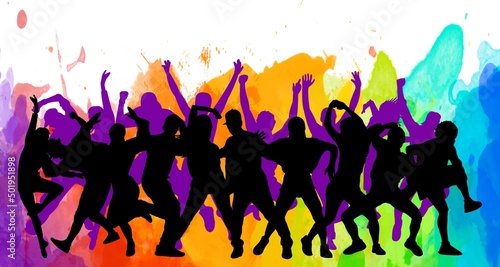 Detailed illustration silhouettes of expressive dance colorful group of people dancing. Jazz funk, hip-hop, house dance. Dancer man jumping on white background. Happy celebration. Party.