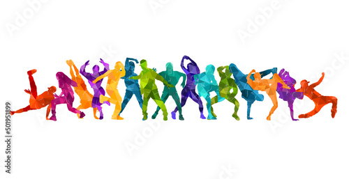 Detailed vector illustration silhouettes of expressive dance colorful group of people dancing. Jazz funk, hip-hop, house dance. Dancer man jumping on white background. Happy celebration.  Party.  © Razym