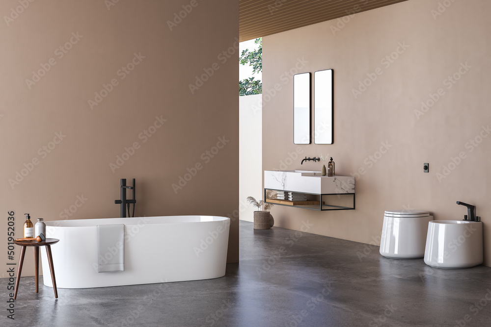 Modern bathroom interior with beige walls, marble basin with double ...