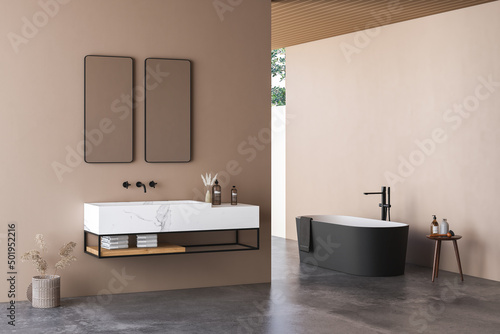 Modern bathroom interior with beige walls  marble basin with double mirror  bathtub and grey concrete floor. Minimalist beige bathroom with modern furniture. 3D rendering