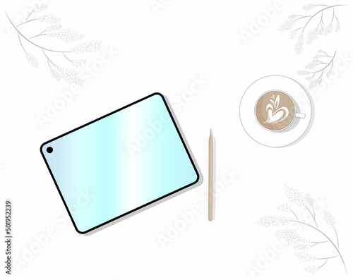 Illustration of a tablet computer with a cup of coffee. The tablet for work, drawing, designing, modeling at any time and in any place is convenient and comfortable.