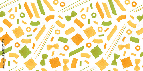 Pasta vector seamless pattern, macaroni background, italian food menu, cartoon noodle texture. Cooking illustration