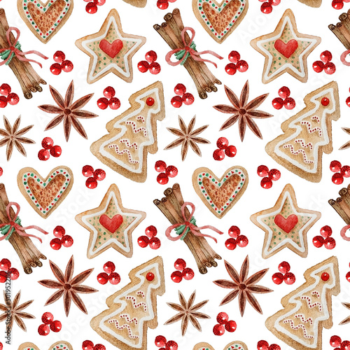 Watercolor seamless pattern with Christmas elements, gingerbread cookies and spices. Hand painted gingerbread cookies, sweets, red berries, anise and cinnamon sticks. Hand drawn winter holiday objects