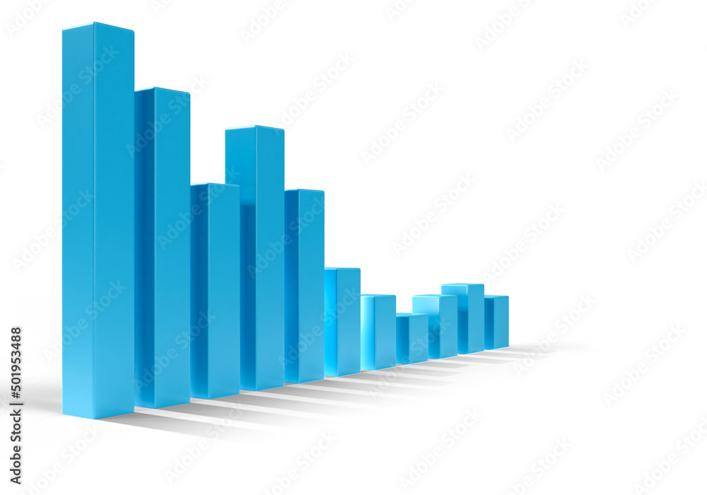Crisis chart. Three-dimensional chart indicators of crisis. Height of columns gradually decreases. Copy Space next to falling infographic. Crisis chart on white. Financial concept. 3d rendering. Crisis chart. Three-dimensional chart indicators of crisis. Height of columns gradually decreases. Copy Space next to falling infographic. Crisis chart on white. Financial concept. 3d rendering.