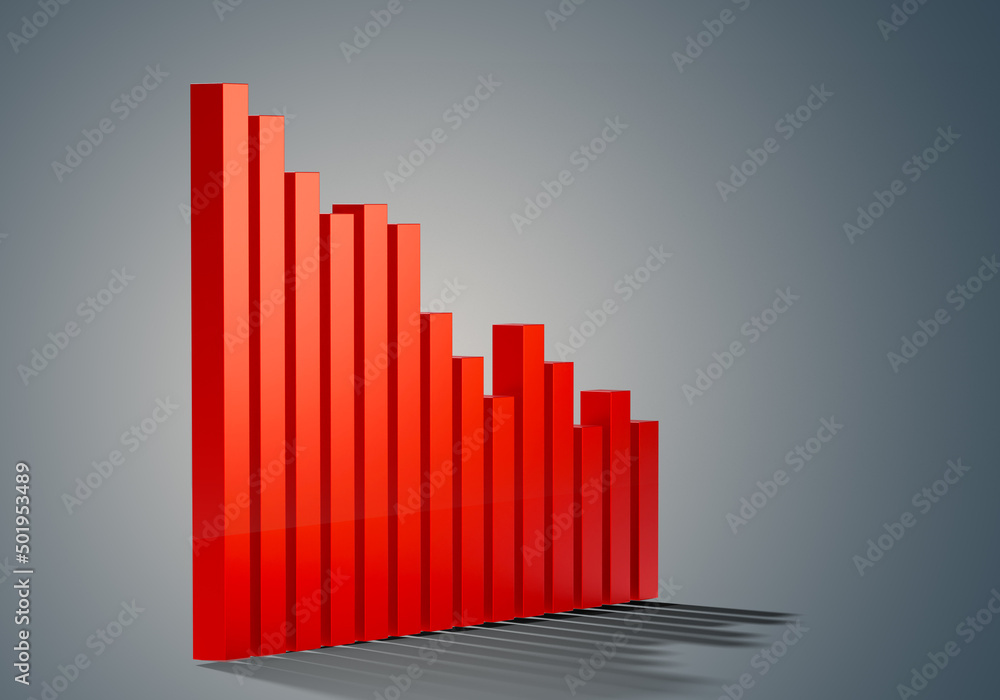 Crisis diagram. Red volumetric bars show approaching crisis. Decline infographics of business indicators. Diagram on grey. Diagram shows negative trends. Concept drop in income or sales. 3d rendering Crisis diagram. Red volumetric bars show approaching crisis. Decline infographics of business indicators. Diagram on grey. Diagram shows negative trends. Concept drop in income or sales. 3d rendering