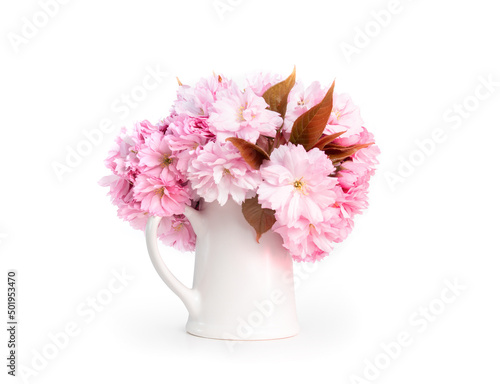 Wallpaper Mural Cherry blossom in vase or jug. Isolated flower bouquet used as table center piece for weddings, parties, events or sakura spring decoration.  Pink flowers from Kwanzan cherry tree. Selective focus. Torontodigital.ca