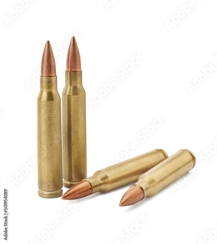 Fotografia Many bullets on white background. Military ammunition