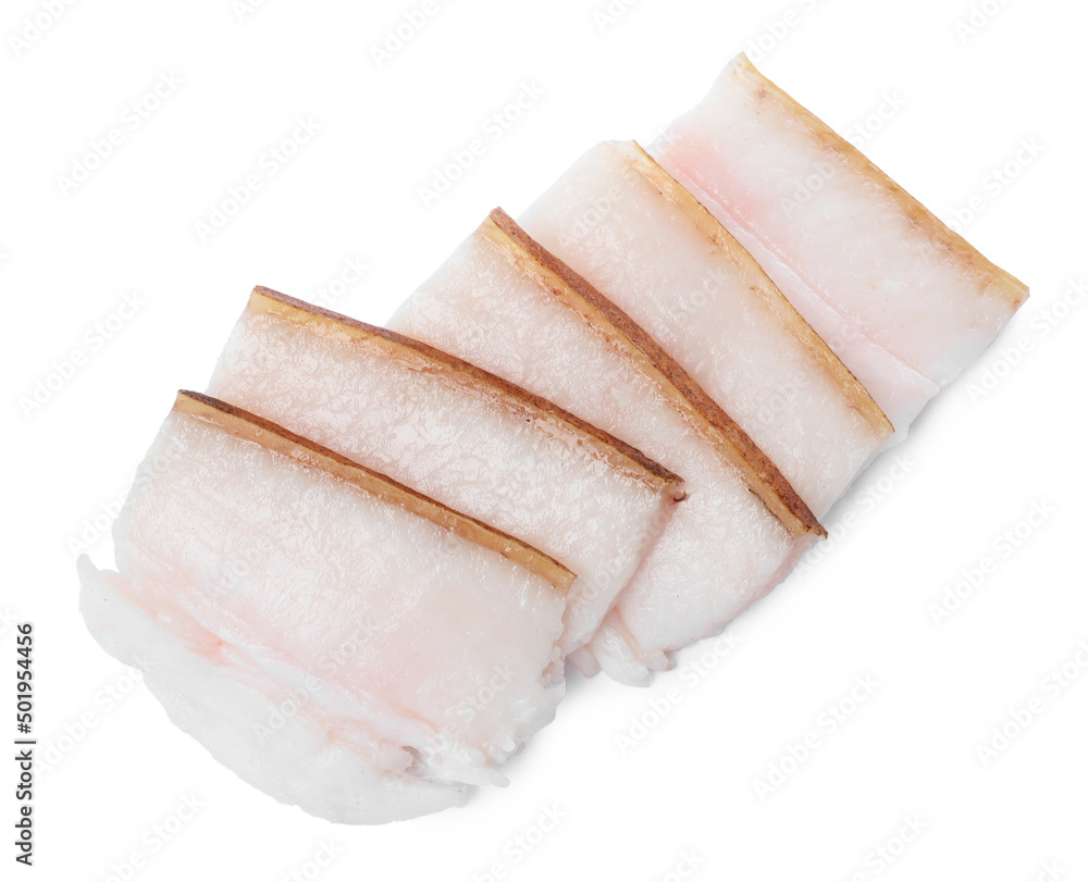 Slices of pork fatback on white background, top view Slices of pork fatback on white background, top view