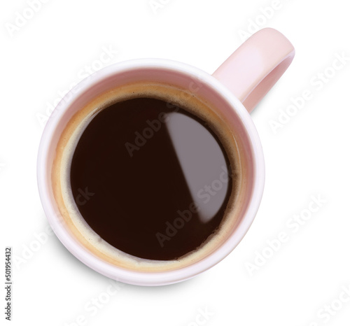 Fresh aromatic coffee in pink mug isolated on white, top view