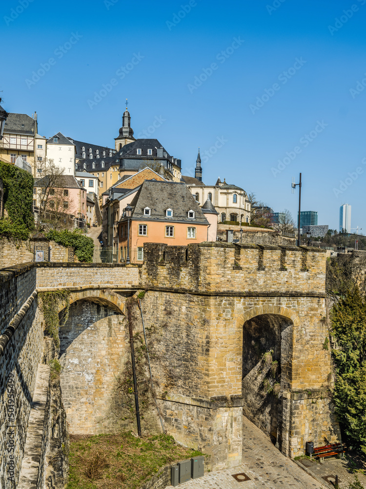 Luxembourg city street and historic buildings
