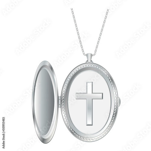 Christian Cross Silver Engraved Locket with Silver Chain Necklace, isolated on white