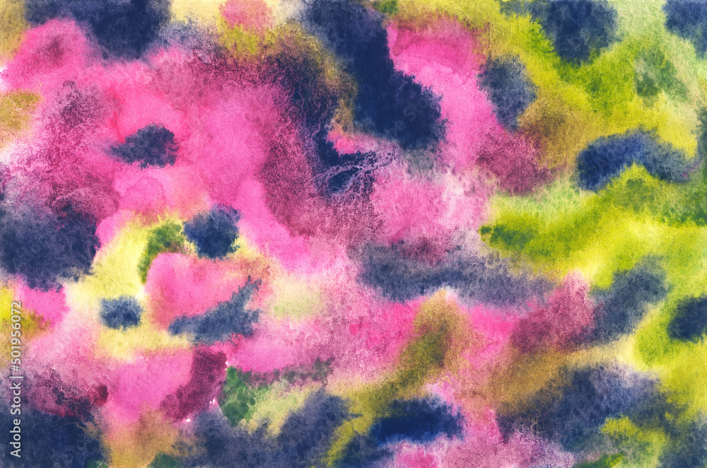 Abstract background of multi-colored spots in olive-pink tones, watercolor illustration, print for fabric and other designs.