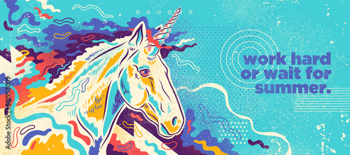 Photo Abstract summer illustration in graffiti style with unicorn and colorful splashing shapes