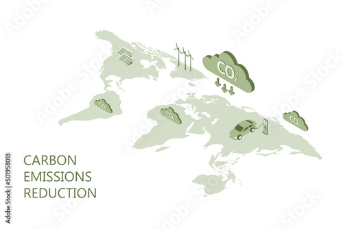 CO2 carbon emissions reduction concept. Green energy, ecology environmental with solar panel, wind turbines,  EV car  vector illustration
