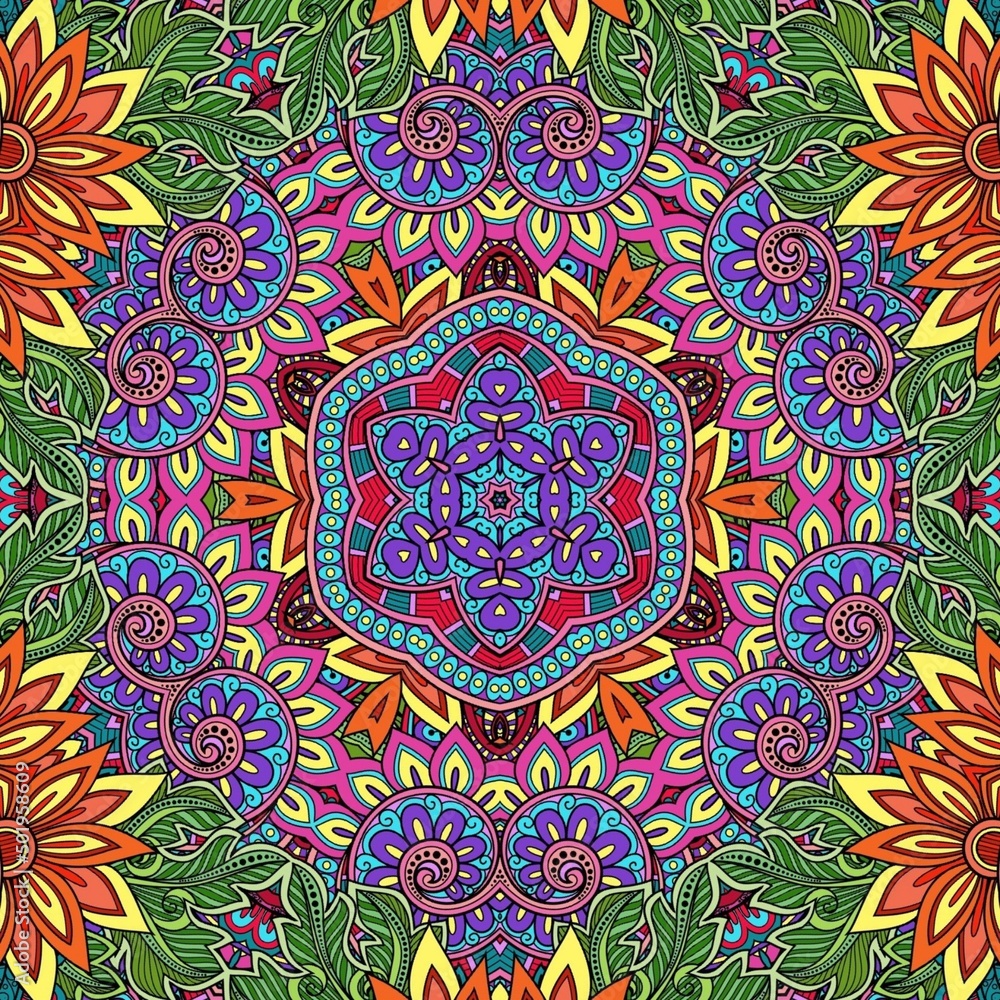 Colorful Mandala Flowers Pattern Boho Symmetrical 1097