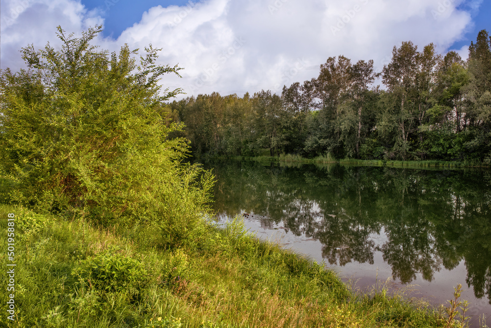 A beautiful landscape of the river surrounded by trees on a sunny summer day under blue sky. Concept: summer. A beautiful landscape of the river surrounded by trees on a sunny summer day under blue sky. Concept: summer.