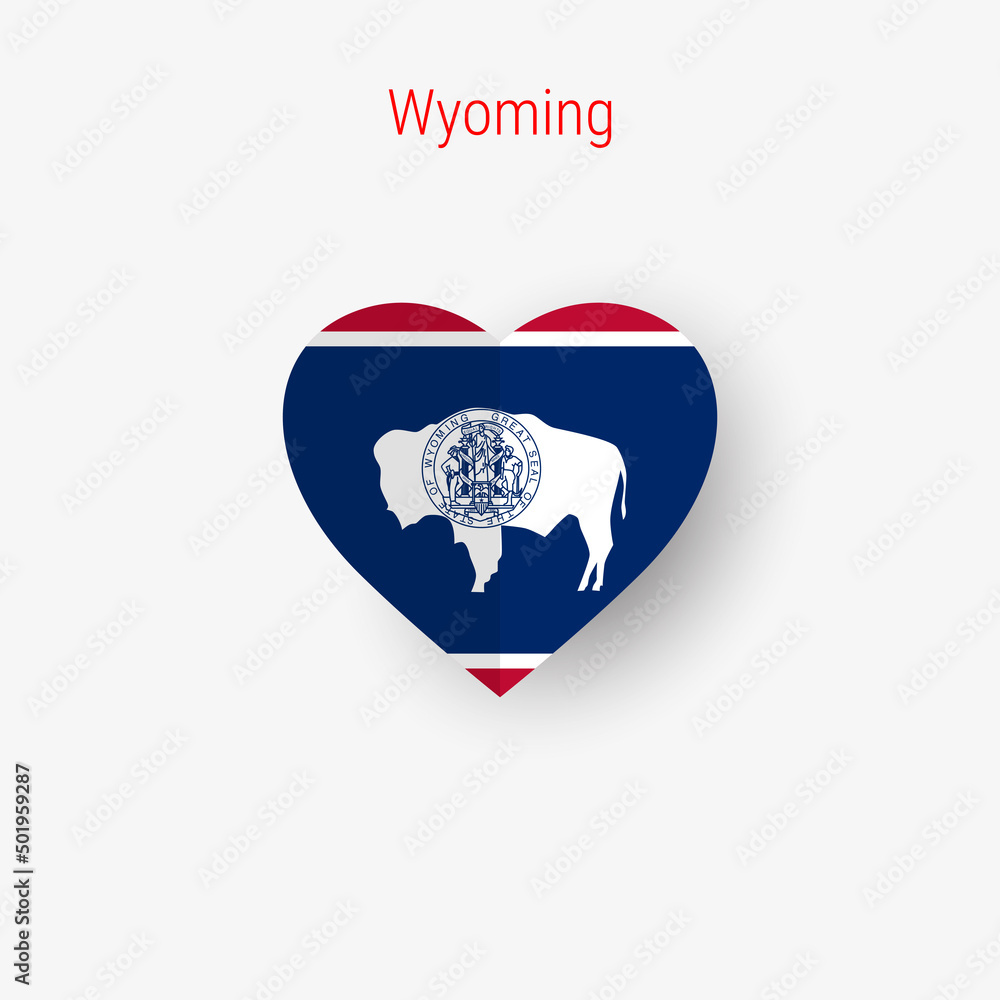 Wyoming US state heart shaped flag. Origami paper cut folded banner. 3D vector illustration isolated on white with soft shadow.