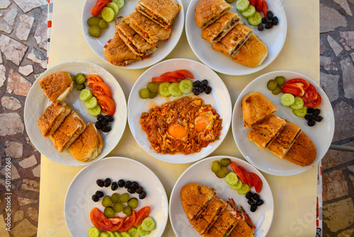 Table scene of assorted take out or delivery foods. Traditional Turkish cuisine. Various Turkish meal and appetizers. Top down view on a table.