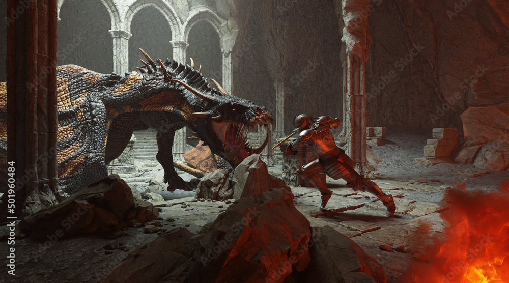 Fantasy battle scene with dragon attacking medieval knight 3d illustration - obrazy, fototapety, plakaty 