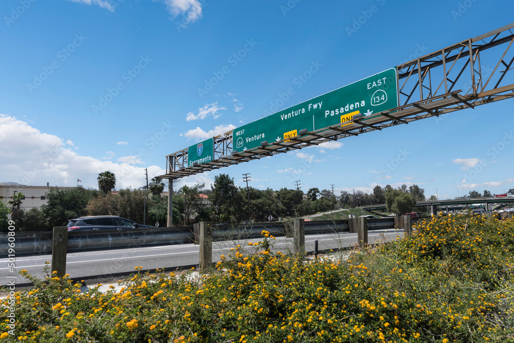 Overhead Ventura Freeway sign on Interstate 5 near Griffith Park in Los Angeles, California.