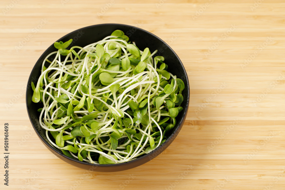 vegetables green fresh young sunflower sprouts on bowl for cooked food healthy are valuable for nutrition. copy space, design on wooden table. seedling organic concept. vegetables green fresh young sunflower sprouts on bowl for cooked food healthy are valuable for nutrition. copy space, design on wooden table. seedling organic concept.