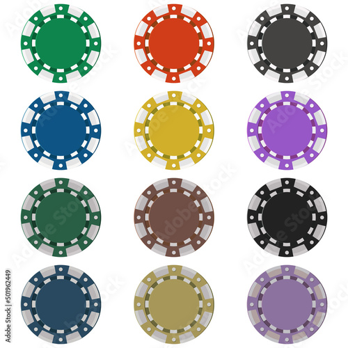 A set of six colored chips, which are also shown in the off version. Vector.