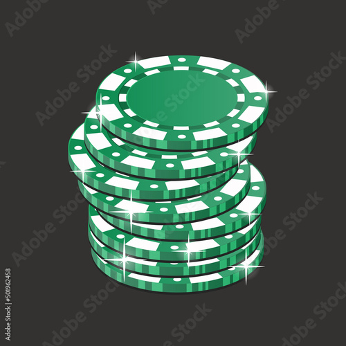 Green and shiny chips built in a stack. Simple chips from the casino, they are collected in a column.