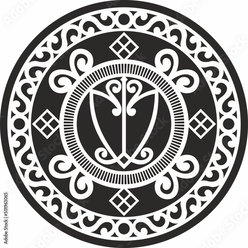 Vector black Yakut national round ornament, wealth amulet. Ethnic monochrome circle, northern peoples of the tundra, taiga, Siberia.