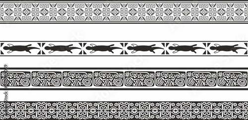 Vector monochrome set of seamless borders, native american frames. The endless pattern of the peoples of Central and South America, the Aztecs, the Maya, the Incas.