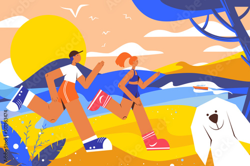 Young Energetic Couple Running Seaside Flat Illustration