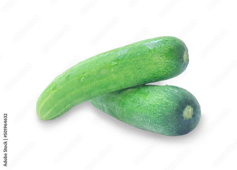 Two fresh green cucumbers vegetalble in stack, heap or pile isolated on white background with clipping path Two fresh green cucumbers vegetalble in stack, heap or pile isolated on white background with clipping path
